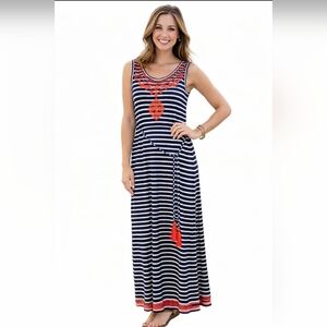THML Navy & White Striped Maxi Dress with Coral Embroidery Size M